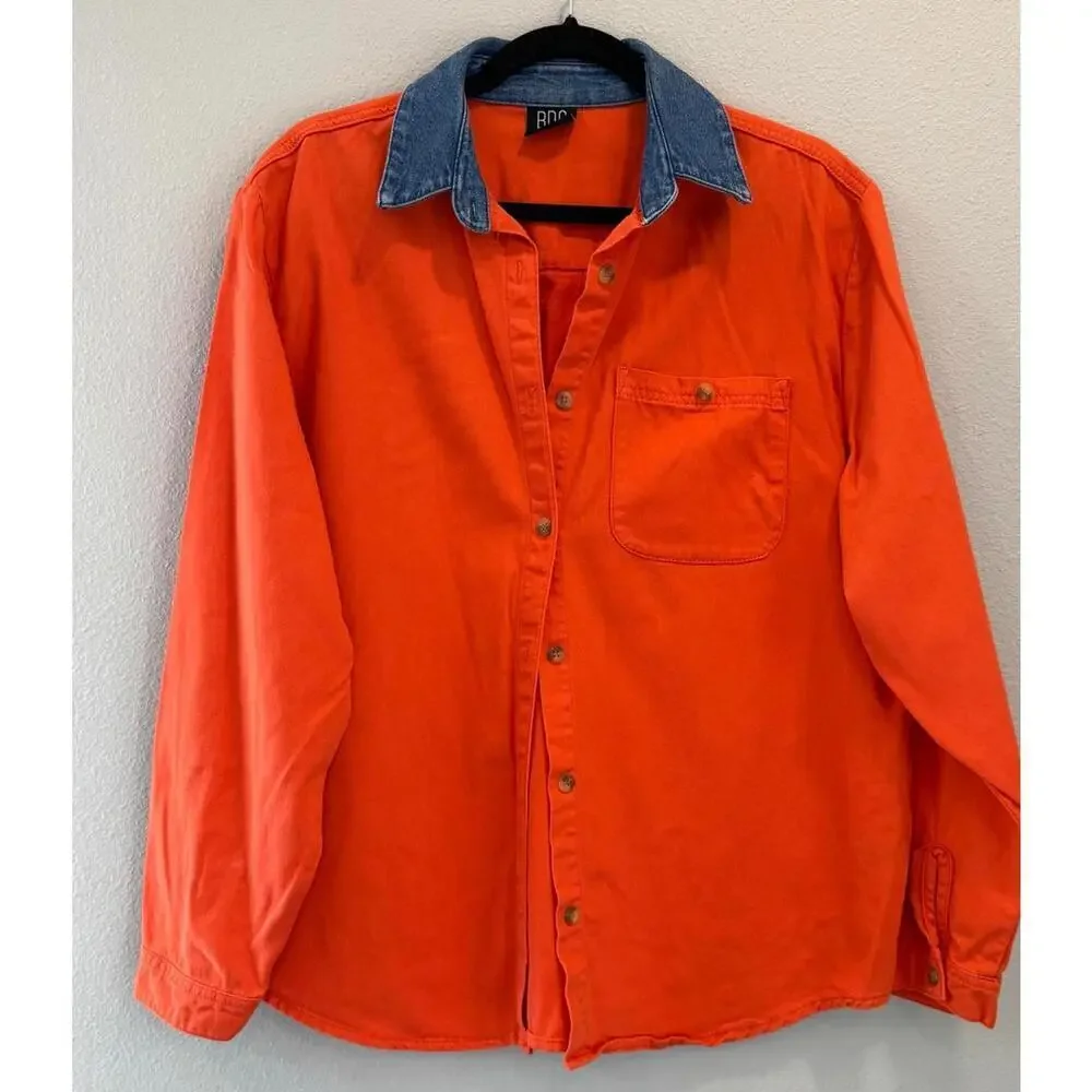 BDG Urban Outfitters Orange Cotton Button Up with Denim Collar, Mens' Medium